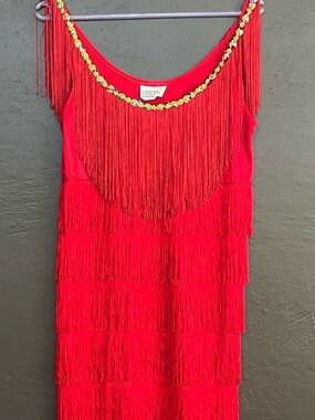 Flapper 1920’s costume red fringe dress with sequined trim.